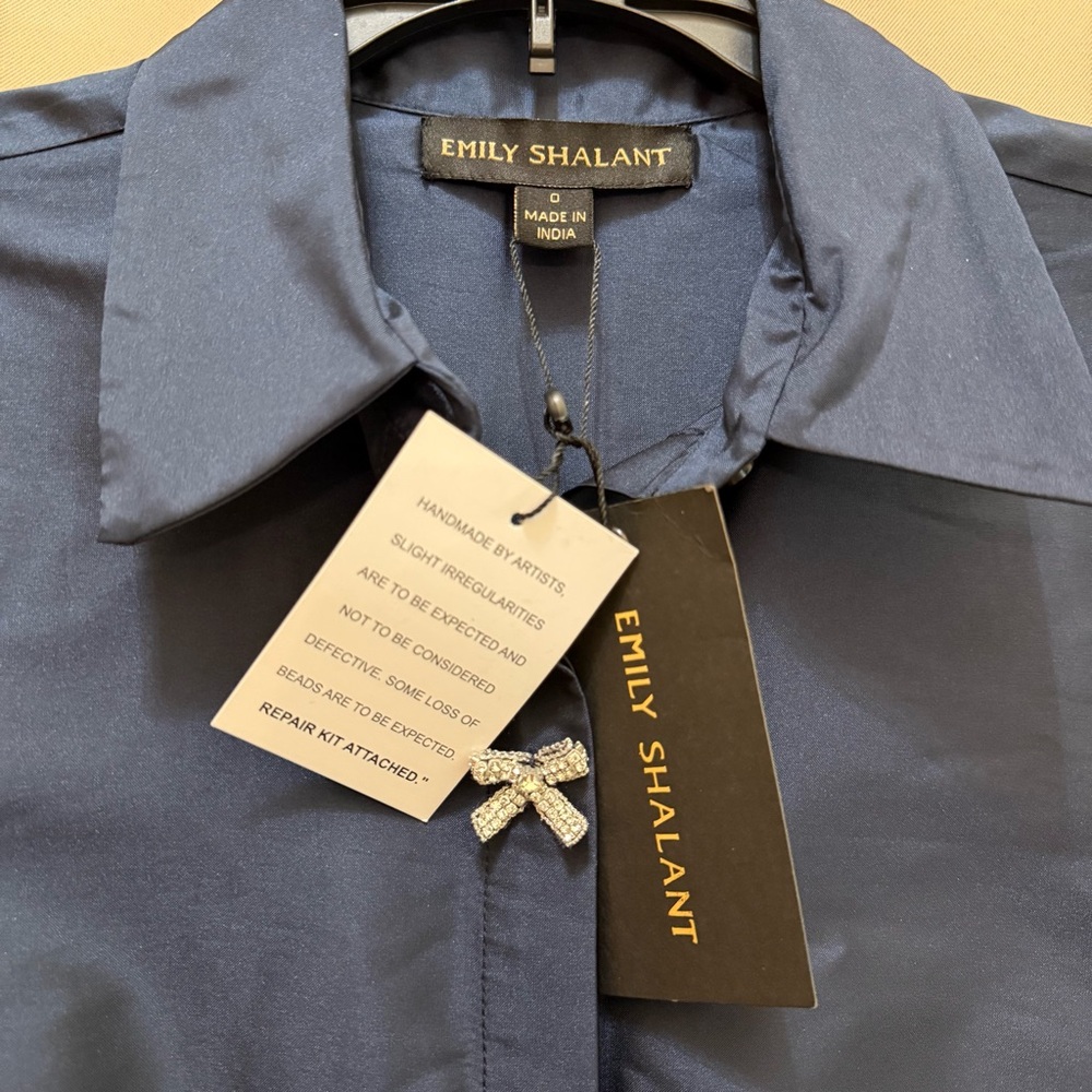 Emily Shalant Navy Taffeta Shirt Dress Crystal Bow Buttons Belted Midi Sz 0 - Picture 6 of 13